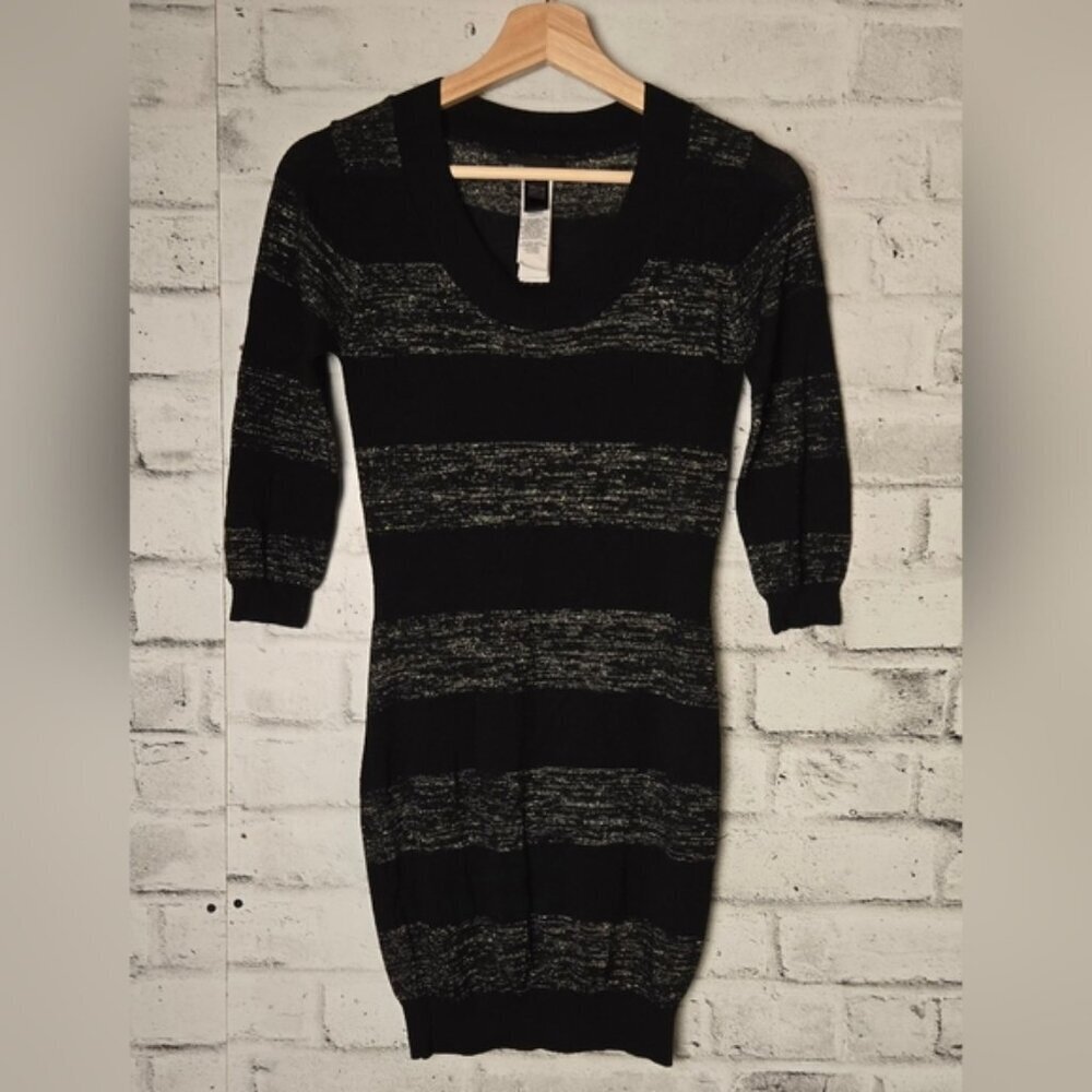 Mango Black Metallic Stripe Sweater Dress Women’s M Knit 3/4 Sleeve